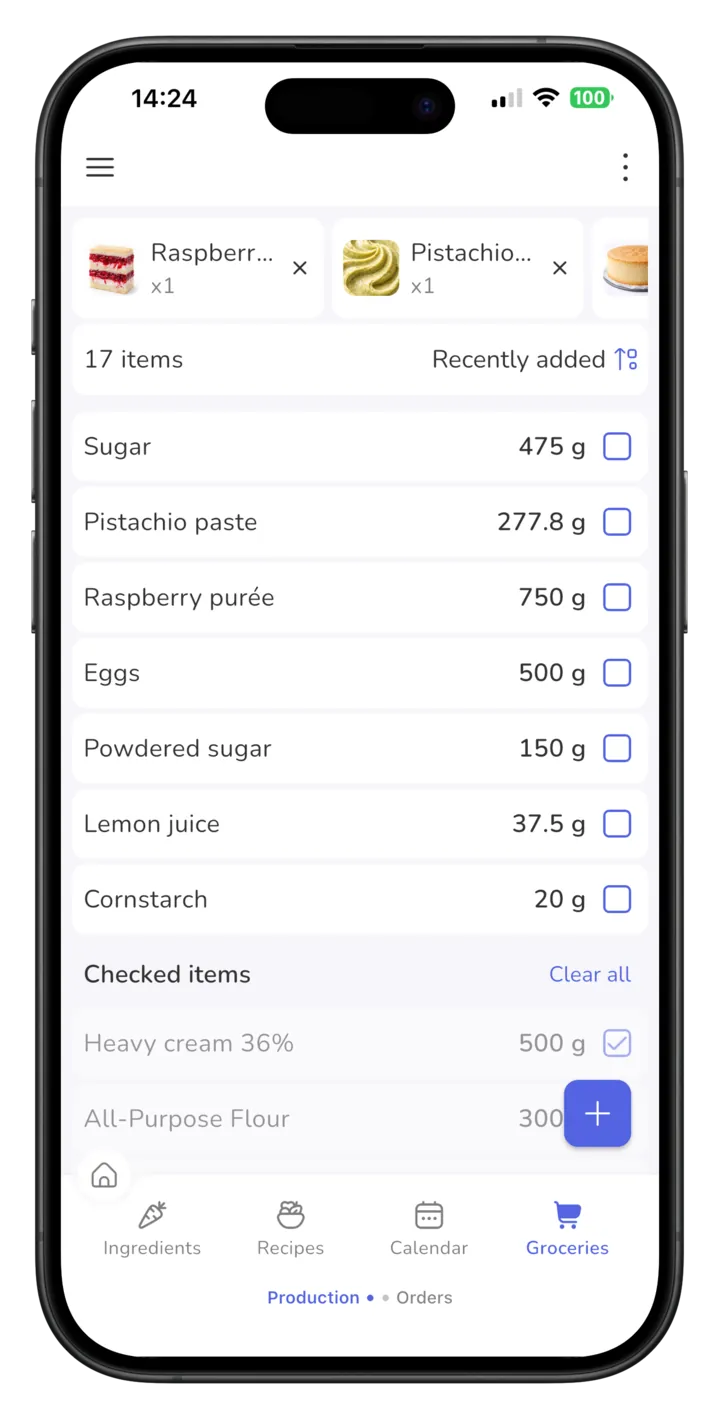 Nákupní seznam v Cookaře sestavený z naplánovaných receptů