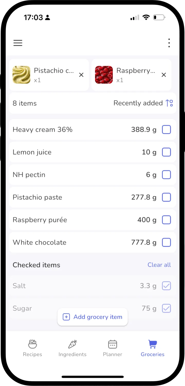 Cookara app – groceries list